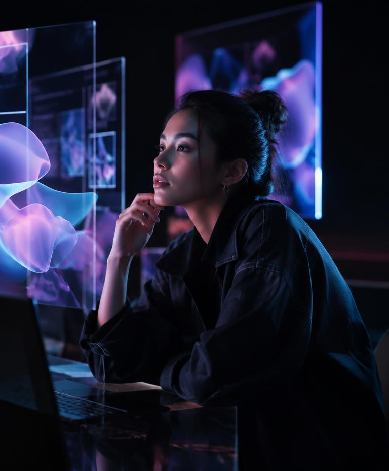 Creator developing AI-assisted visual work in a dark studio